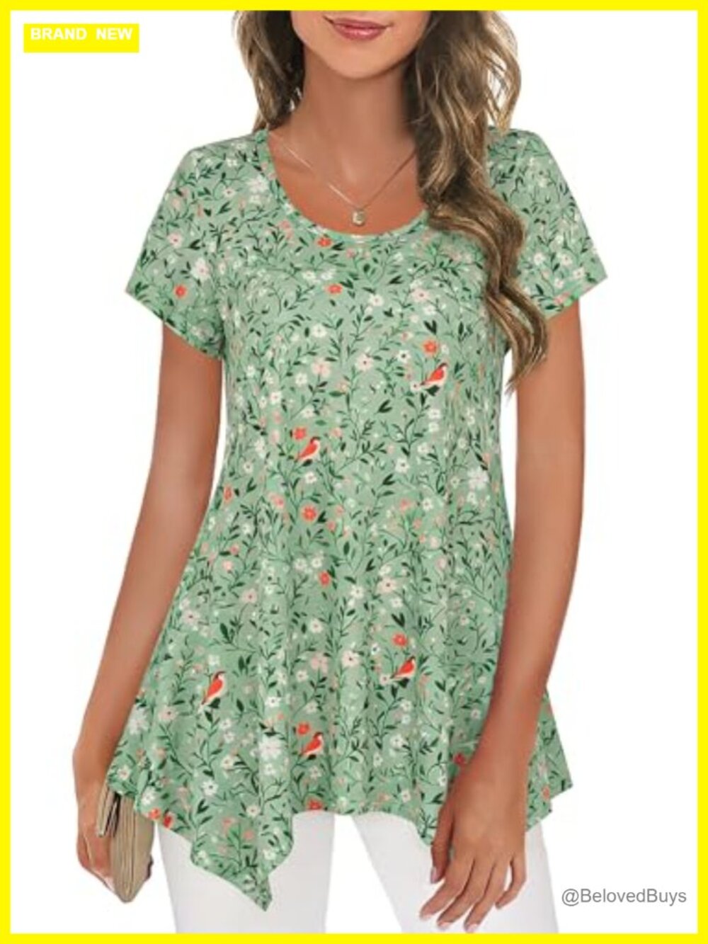 Women's Rayon Spandex Floral Tunic Scoop Neck Short Sleeve Top